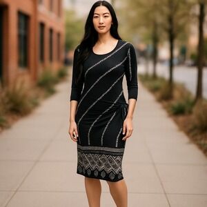 BCBG Maxazria Black & White Design Dress Drop Waist Round Neck Size S‎